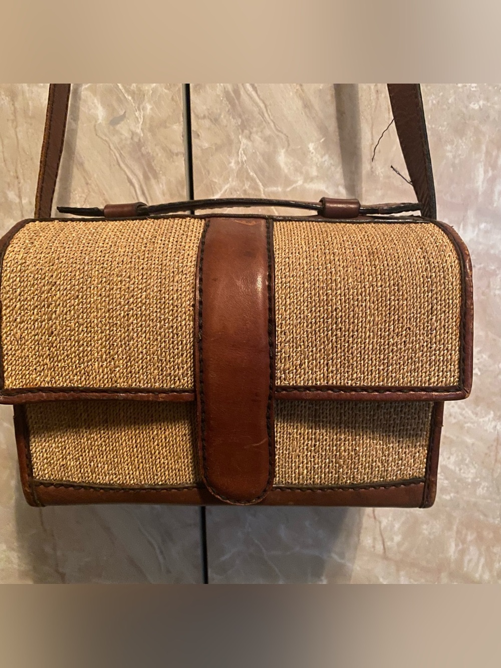 Woven Straw Crossbody Camera Bag with Brown Leather Trim - Picture 2 of 6